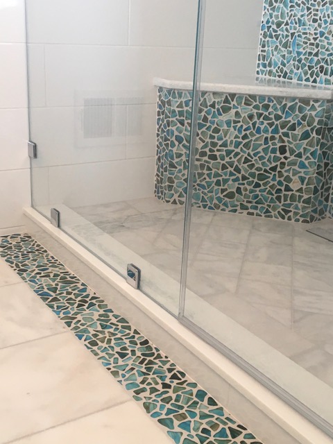 Designs by Dolores - Unique Blue Tile Shower Closeup