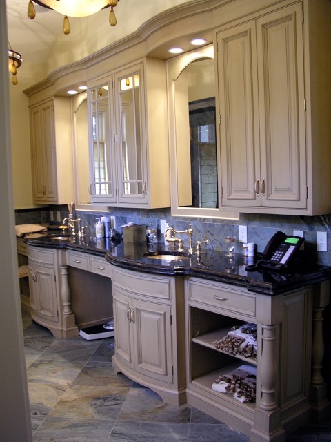 Designs by Dolores - Light bathroom cabinets with dark granite counters